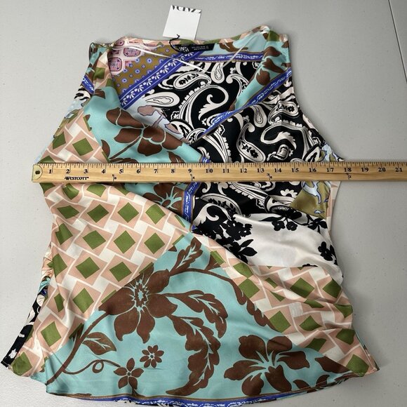 Zara Patchwork Print Satin Top Size L Faux Wrap Floral - Picture 6 of 11